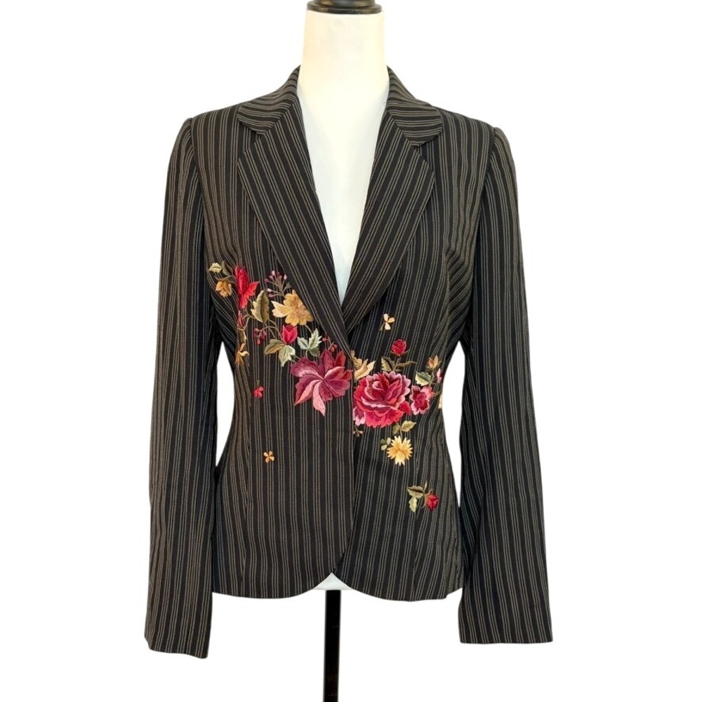 Deadstock MANDALAY Y2k Pinstripe Embroidered Floral Blazer Jacket‎ Embellished 8